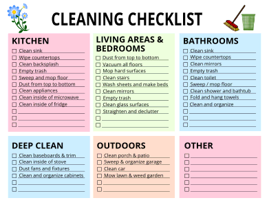 1. Cleaning checklist by room. Printable, cleaning schedule, cleaning checklist, template, spring, daily, weekly, monthly, bathroom, kitchen, bedroom, free, pdf, deep, print, download.