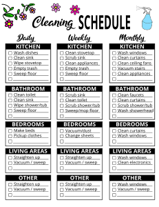 2. Cleaning schedule checklist for home. Printable, cleaning schedule, cleaning checklist, template, spring, daily, weekly, monthly, bathroom, kitchen, bedroom, free, pdf, deep, print, download.