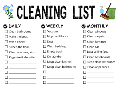 4. Cleaning checklist (daily, weekly, monthly). Printable, cleaning schedule, cleaning checklist, template, spring, daily, weekly, monthly, bathroom, kitchen, bedroom, free, pdf, deep, print, download.