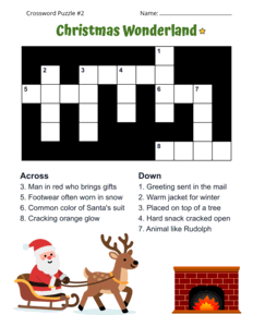 Free Printable Christmas Crossword Puzzle. Level: Easy. Crossword puzzle, Christmas, printable, free, answers, worksheet, classroom use, large print, PDF.