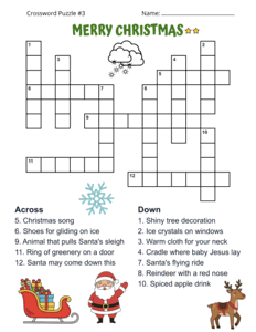 Printable Christmas Crossword Puzzle With Answers. Level: Medium. Crossword puzzle, Christmas, printable, free, answers, worksheet, classroom use, large print, PDF.