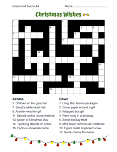 Christmas Crossword Puzzle Worksheet. Level: Medium. Crossword puzzle, Christmas, printable, free, answers, worksheet, classroom use, large print, PDF.