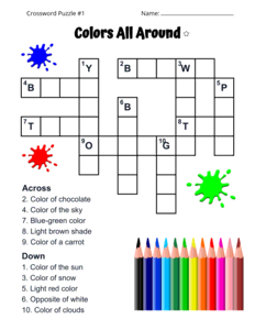 Colors Crossword Puzzle for Kids. Level: Easy. Crossword puzzle, Colors, printable, free, answers, worksheet, classroom use, large print, PDF.