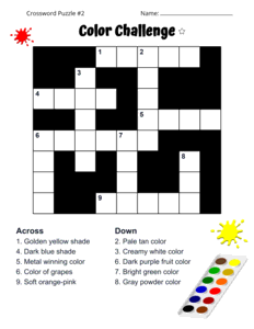 Free Printable Colors Crossword Puzzle. Level: Easy. Crossword puzzle, Colors, printable, free, answers, worksheet, classroom use, large print, PDF.
