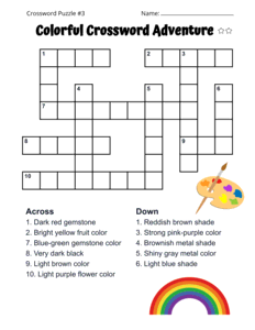 Colors Crossword Puzzle With Answers. Level: Medium. Crossword puzzle, Colors, printable, free, answers, worksheet, classroom use, large print, PDF.
