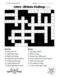 Advanced Colors Crossword Puzzle. Level: Challenging. Crossword puzzle, Colors, printable, free, answers, worksheet, classroom use, large print, PDF.