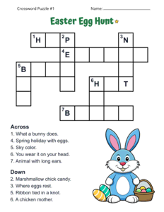 Easter Crossword Puzzle for Kids. Level: Easy. Crossword puzzle, Easter, printable, free, answers, worksheet, classroom use, large print, PDF.
