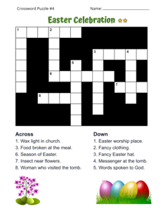 Easter Crossword Puzzle Worksheet. Level: Medium. Crossword puzzle, Easter, printable, free, answers, worksheet, classroom use, large print, PDF.