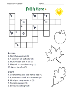 Fall Crossword Puzzle for Kids. Level: Easy. Crossword puzzle, fall, printable, free, answers, worksheet, classroom use, large print, PDF.