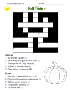 Free Printable Fall Crossword Puzzle. Level: Easy. Crossword puzzle, fall, printable, free, answers, worksheet, classroom use, large print, PDF.
