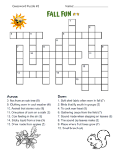 Printable Fall Crossword Puzzle With Answers. Level: Medium. Crossword puzzle, fall, printable, free, answers, worksheet, classroom use, large print, PDF.