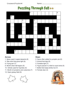 Fall Crossword Puzzle Worksheets. Level: Medium. Crossword puzzle, fall, printable, free, answers, worksheet, classroom use, large print, PDF.