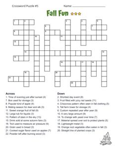 Printable Fall Crossword Puzzle for Adults. Level: Advanced. Crossword puzzle, fall, printable, free, answers, worksheet, classroom use, large print, PDF.