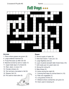 Advanced Fall Crossword Puzzle. Level: Challenging. Crossword puzzle, fall, printable, free, answers, worksheet, classroom use, large print, PDF.