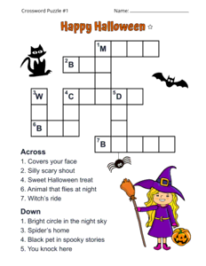 Halloween Crossword Puzzle for Kids. Level: Easy. Crossword puzzle, Halloween, printable, free, answers, worksheet, classroom use, large print, PDF.
