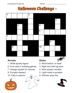 Free Printable Halloween Crossword Puzzle. Level: Easy. Crossword puzzle, Halloween, printable, free, answers, worksheet, classroom use, large print, PDF.