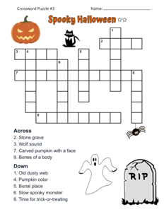 Printable Halloween Crossword Puzzle With Answers. Level: Medium. Crossword puzzle, Halloween, printable, free, answers, worksheet, classroom use, large print, PDF.