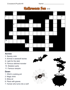 Halloween Crossword Puzzle Worksheet. Level: Medium. Crossword puzzle, Halloween, printable, free, answers, worksheet, classroom use, large print, PDF.