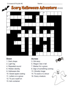 Advanced Halloween Crossword Puzzle. Level: Challenging. Crossword puzzle, Halloween, printable, free, answers, worksheet, classroom use, large print, PDF.