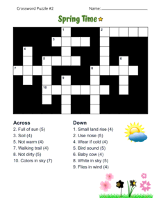 Free Printable Spring Crossword Puzzle. Level: Easy. Crossword puzzle, spring, printable, free, answers, worksheet, classroom use, large print, PDF.