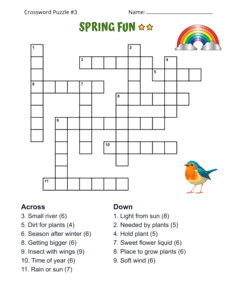 Printable Spring Crossword Puzzle With Answers. Level: Medium. Crossword puzzle, spring, printable, free, answers, worksheet, classroom use, large print, PDF.