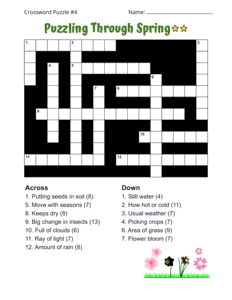 Spring Crossword Puzzle Worksheets. Level: Medium. Crossword puzzle, spring, printable, free, answers, worksheet, classroom use, large print, PDF.