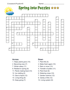 Printable Spring Crossword Puzzle for Adults. Level: Advanced. Crossword puzzle, spring, printable, free, answers, worksheet, classroom use, large print, PDF.