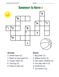 Summer Crossword Puzzle for Kids. Level: Easy. Crossword puzzle, summer, printable, free, answers, worksheet, classroom use, large print, PDF.