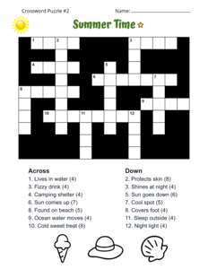 Free Printable Summer Crossword Puzzle. Level: Easy. Crossword puzzle, summer, printable, free, answers, worksheet, classroom use, large print, PDF.