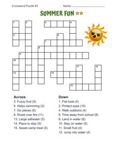 Printable Summer Crossword Puzzle With Answers. Level: Medium. Crossword puzzle, summer, printable, free, answers, worksheet, classroom use, large print, PDF.