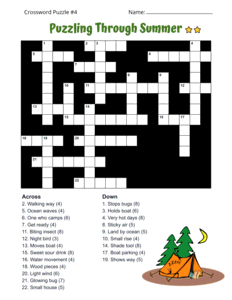 Summer Crossword Puzzle Worksheets. Level: Medium. Crossword puzzle, summer, printable, free, answers, worksheet, classroom use, large print, PDF.
