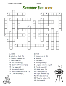 Printable Summer Crossword Puzzle for Adults. Level: Advanced. Crossword puzzle, summer, printable, free, answers, worksheet, classroom use, large print, PDF.