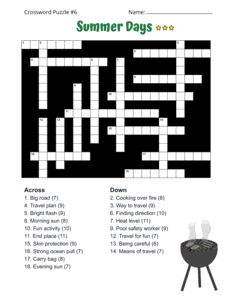 Advanced Summer Crossword Puzzle. Level: Challenging. Crossword puzzle, summer, printable, free, answers, worksheet, classroom use, large print, PDF.