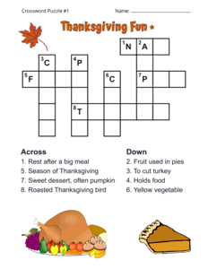 Thanksgiving Crossword Puzzle for Kids. Level: Easy. Crossword puzzle, Thanksgiving, printable, free, answers, worksheet, classroom use, large print, PDF.
