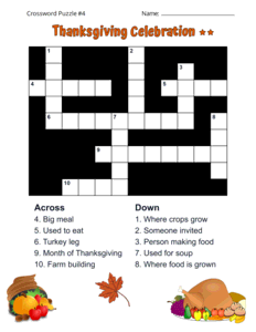 Thanksgiving Crossword Puzzle Worksheet. Level: Medium. Crossword puzzle, Thanksgiving, printable, free, answers, worksheet, classroom use, large print, PDF.