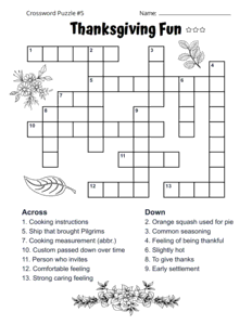 Printable Thanksgiving Crossword Puzzle for Adults. Level: Advanced. Crossword puzzle, Thanksgiving, printable, free, answers, worksheet, classroom use, large print, PDF.