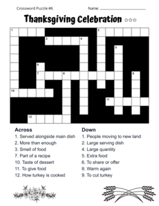 Advanced Thanksgiving Crossword Puzzle. Level: Challenging. Crossword puzzle, Thanksgiving, printable, free, answers, worksheet, classroom use, large print, PDF.