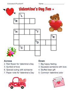 Valentine's Day Crossword Puzzle for Kids. Level: Easy. Crossword puzzle, Valentine's Day, printable, free, answers, worksheet, classroom use, large print, PDF.