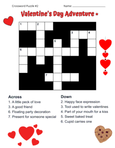 Free Printable Valentine's Day Crossword Puzzle. Level: Easy. Crossword puzzle, Valentine's Day, printable, free, answers, worksheet, classroom use, large print, PDF.