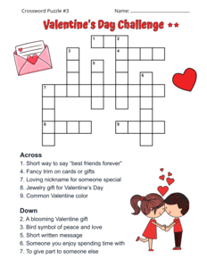 Valentine's Day Crossword Puzzle With Answers. Level: Medium. Crossword puzzle, Valentine's Day, printable, free, answers, worksheet, classroom use, large print, PDF.