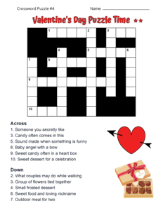 Valentine's Day Crossword Puzzle Worksheet. Level: Medium. Crossword puzzle, Valentine's Day, printable, free, answers, worksheet, classroom use, large print, PDF.