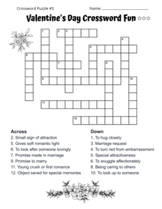 Printable Valentine's Day Crossword Puzzle for Adults. Level: Advanced. Crossword puzzle, Valentine's Day, printable, free, answers, worksheet, classroom use, large print, PDF.