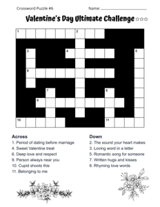 Advanced Valentine's Day Crossword Puzzle. Level: Challenging. Crossword puzzle, Valentine's Day, printable, free, answers, worksheet, classroom use, large print, PDF.