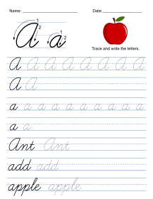 Cursive handwriting worksheet. Letter A Cursive handwiting worksheets, traceable, alphabet, letter, free, printable, pdf, upper case, lower case, penmanship skills, a-z, practice, worksheet, sheets, writing, handwriting, paper, lined, blank, template, notepaper, png, print, download.