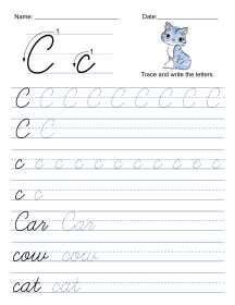 Cursive handwriting worksheet. Letter C Cursive handwiting worksheets, traceable, alphabet, letter, free, printable, pdf, upper case, lower case, penmanship skills, a-z, practice, worksheet, sheets, writing, handwriting, paper, lined, blank, template, notepaper, png, print, download.