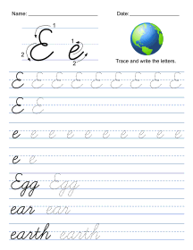 Cursive handwriting worksheet. Letter E Cursive handwiting worksheets, traceable, alphabet, letter, free, printable, pdf, upper case, lower case, penmanship skills, a-z, practice, worksheet, sheets, writing, handwriting, paper, lined, blank, template, notepaper, png, print, download.