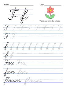 Cursive handwriting worksheet. Letter F Cursive handwiting worksheets, traceable, alphabet, letter, free, printable, pdf, upper case, lower case, penmanship skills, a-z, practice, worksheet, sheets, writing, handwriting, paper, lined, blank, template, notepaper, png, print, download.