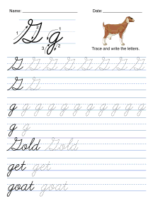 Cursive handwriting worksheet. Letter G Cursive handwiting worksheets, traceable, alphabet, letter, free, printable, pdf, upper case, lower case, penmanship skills, a-z, practice, worksheet, sheets, writing, handwriting, paper, lined, blank, template, notepaper, png, print, download.