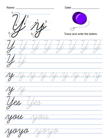 How to write in cursive. Letter Y Cursive handwiting worksheets, traceable, alphabet, letter, free, printable, pdf, upper case, lower case, penmanship skills, a-z, practice, worksheet, sheets, writing, handwriting, paper, lined, blank, template, notepaper, png, print, download.