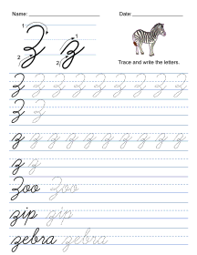 How to write in cursive. Letter Z Cursive handwiting worksheets, traceable, alphabet, letter, free, printable, pdf, upper case, lower case, penmanship skills, a-z, practice, worksheet, sheets, writing, handwriting, paper, lined, blank, template, notepaper, png, print, download.